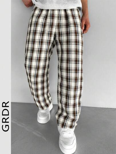 Lightweight Casual Loose Plaid Drawstring Waist Pants, Comfortable Loungewear For Daily Wear, Great Gift For Boyfriend/Husband