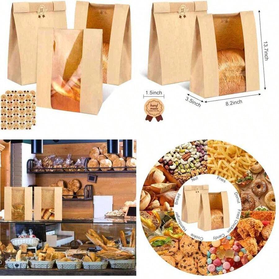 Paquete de 100 Bolsas de Pan para Pan Casero, Bolsas de Papel Kraft, Panadera con Ventana Frontal para Almacenamiento de Productos Horneados, 100 Calcomanas de Sellado (13.7x8.2x3.5 Pulgadas) - kraft+talla única - Ver 1
