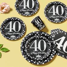 40岁生日黑色闪亮星星一次性餐盘、餐巾纸、纸杯套装 - 一次性派对用品套装，可供25位客人使用，一次性纸盘适用于生日、婚礼、主题派对、家庭野餐 - 彩色 - 查看 4