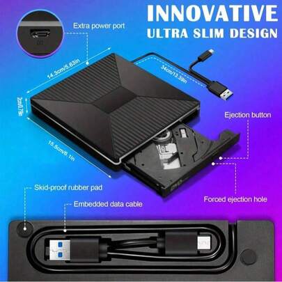 2A2C (Readable + Writable) External DVD-R/W Optical Drive, USB 3.0 High-Speed Transmission, Dual Type-C Interfaces, 2 USB Ports And 2 C Ports, Supports SD/TF Card Readers, Plug-And-Play Burner Suitable For Laptops, Personal Computers, High-Definition Playback, Stylish Design With RGB Buttons To Switch Light Colors, Easy To Carry