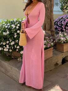 Women's Sexy Long Sleeve Knit Maxi Dress, Spring/Summer Beach Vacation Solid Color Crochet Long Sweater Dress, Bohemian Style Casual Elegant Deep V-Neck Sweater Dress - Pink - View 3