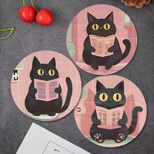 Black Cat Design Wooden Coasters For Home Dining Table - Non-Slip Decorative Drink Coasters, Suitable For Coffee And Tea Cups, For Home And Cafe Use, Holiday Gift For Friends, Suitable For All Seasons - Wooden Board-circle Coaster - View 5