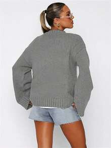 Women's Casual Long Sleeve Round Neck Rib-Knit Sweater Regular Fit Knit Top With Slight Stretch - Xám - Xem 3
