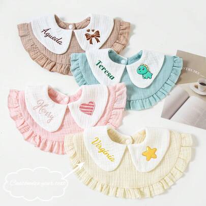1pc Personalized Embroidered Baby Bibs With Ruffled Collar, Soft & Breathable Drool Bibs For Newborns, Suitable For Boys And Girls, All Seasons