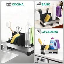 ¡RecomendadoSoporte para Esponja para Fregadero de Cocina con Bandeja de Drenaje, Porta Esponja para Fregadero de Acero Inoxidable con Portacepillos y Escurridor de Paño de Cocina Organizador de Fregadero Cocina¡Top de Temporada - Negro - Ver 9