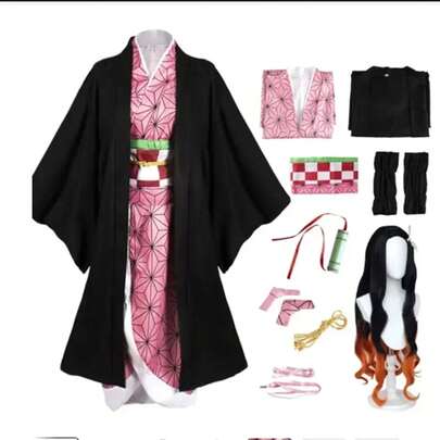 Disfraz de Cosplay de Nezuko Kamado, Peluca de Nezuko, Uniforme con Accesorios para Adultos y Niños, Disfraces de Carnaval de Halloween