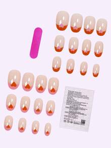 24片短椭圆形假指甲，红色和粉色法式爱心美甲贴纸，包含1瓶果冻胶和1把指甲锉，全覆盖美甲套装，适合女性和女孩日常佩戴，情人节派对美甲用品 - 彩色 - 查看 7