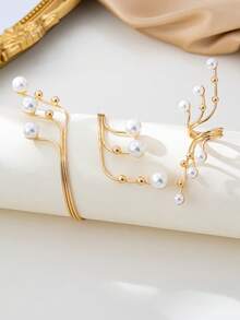 2 Stück/Set Europäischer & Amerikanischer Stil übertriebener geometrischer Hohllinien Perlen eingelegt Armband & Ring Schmuckset, elegante & charmante Accessoires geeignet für den täglichen Gebrauch, Partys, Urlaub - Gold+Weiß - Übersicht 3