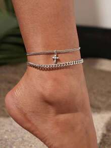 Tkool 2pcs/Set Women Anklet Set, Boho Summer Beach Vacation Layered Style, Copper Inlaid Cubic Zirconia Cross Pendant Curb Chain Double Layer Anklet Bracelet Accessory Gift - Silver - View 1