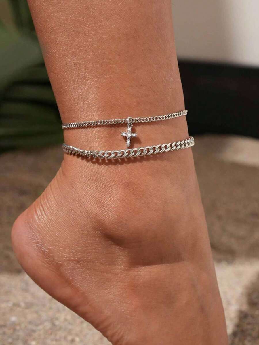 Tkool 2pcs/Set Women Anklet Set, Boho Summer Beach Vacation Layered Style, Copper Inlaid Cubic Zirconia Cross Pendant Curb Chain Double Layer Anklet Bracelet Accessory Gift - Silver - View 1