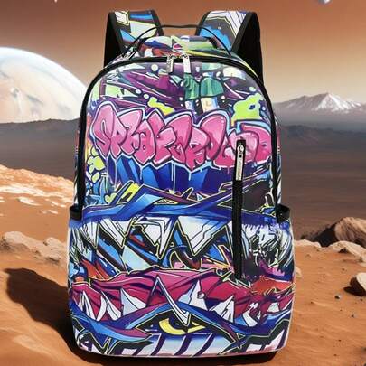 1pc Graffiti Ground Pattern Backpack With Plaid Design, New Lightweight Printed Backpack, Fashionable Commuter Bag, Large Capacity Travel Bag, Adjustable Shoulder Strap, Suitable For Teenagers, Back To School, Valentine's Day Gift, Gift For Friends, Gift For Men, Fun Gift, Camping