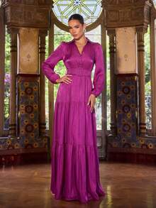 Faeriesty 优雅酒红色长袖灯笼袖V领长款派对连衣裙 - 可拆卸腰带，闪亮蓬松裙摆，修身剪裁 | 适合节日派对、新年夜、正式晚宴、正式活动和浪漫春季写真拍摄 - 紫色 - 查看 3