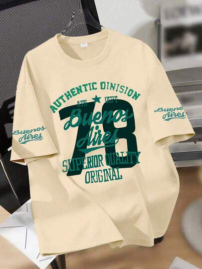 1 pièce T-shirt rétro américain pour adolescent garçon, "Buenos Aires+78" et combinaison de slogan, design de mise en page rétro, tissu doux et confortable, convient pour les activités d'adolescent, adapté pour les sorties quotidiennes décontractées sur le campus au printemps et en été, style mode personnalisé