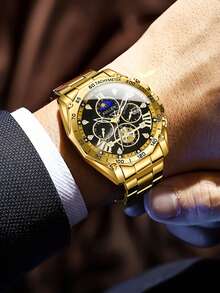 Set de 2 relojes de lujo dorados para hombres, que incluye 1 reloj de cuarzo dorado con función múltiple y números romanos, y 1 billetera de cuero PU con patrón de rombos negros - Dorado - Ver 4