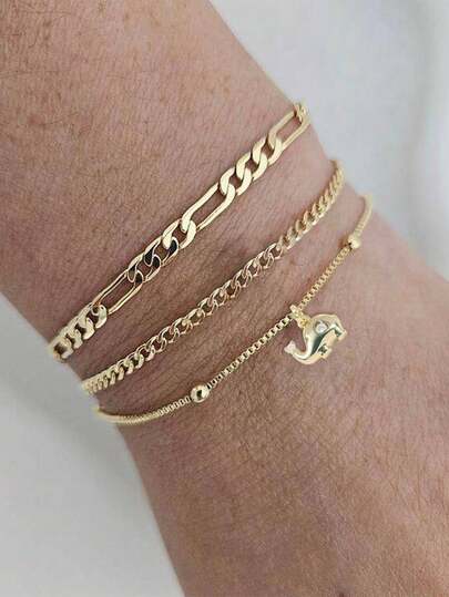 3pcs/Set Beach Vacation Micro-Inlaid Zirconia Copper Elephant Pendant Necklace Chain & NK Iron Chain Bracelet Set, Suitable For Women's Daily Casual Vacation Wear (Bead Quantity Random)