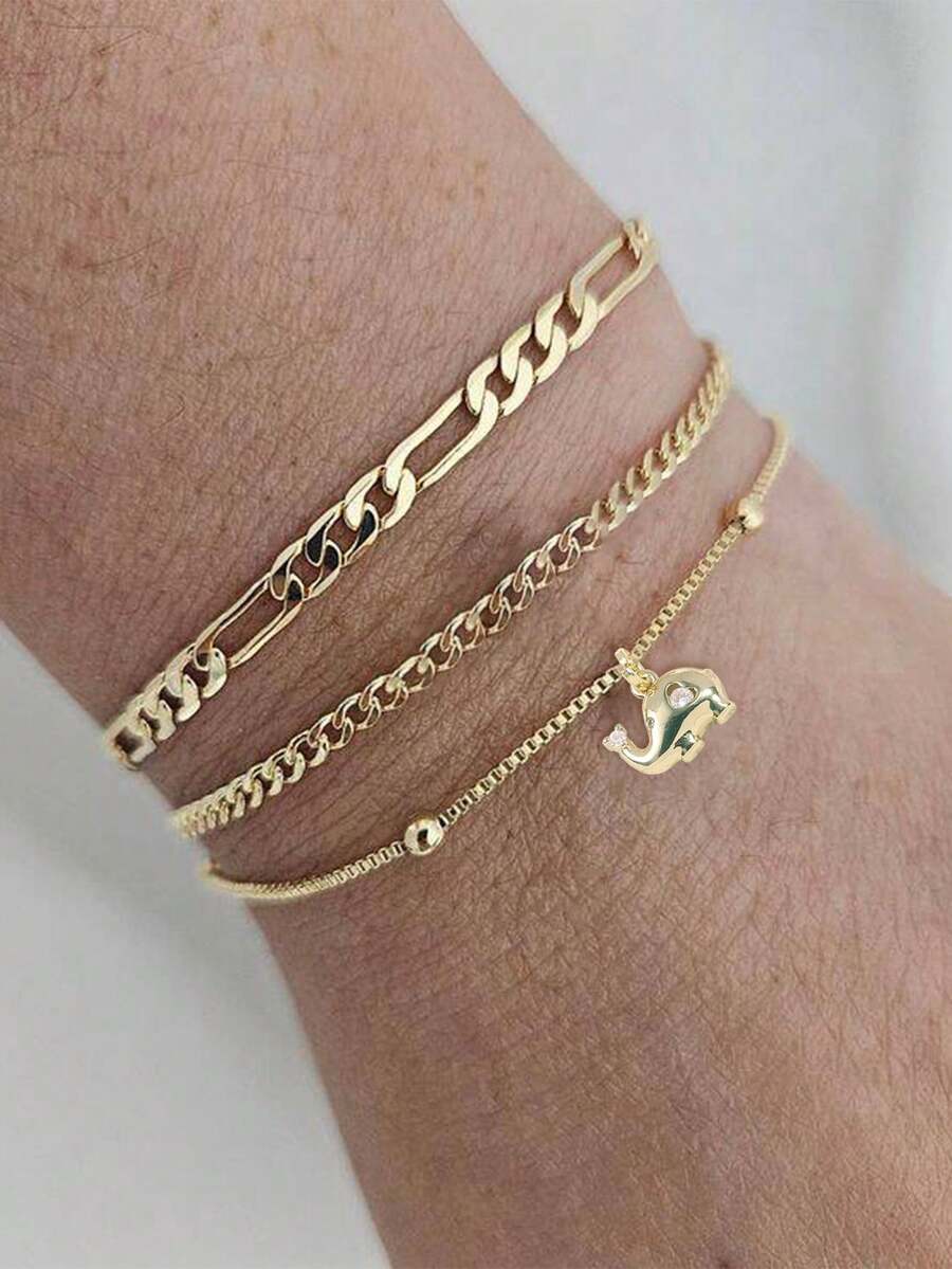 3件套沙滩度假微镶锆石铜质大象吊坠项链和NK铁链手链套装，适合女士日常休闲度假佩戴（珠子数量随机） - 金黃色 - 查看 1