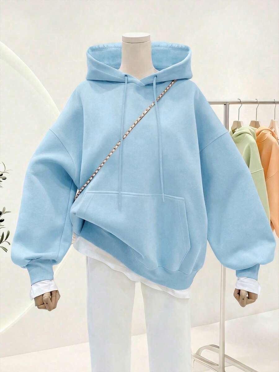 Áo nỉ chui đầu có mũ màu trơn, áo hoodie nữ dễ thương phong cách Y2K, quần áo mùa thu quay lại trường học, áo hoodie tay dài vai trễ phong cách thường ngày - Màu xanh nhạt - Xem 1