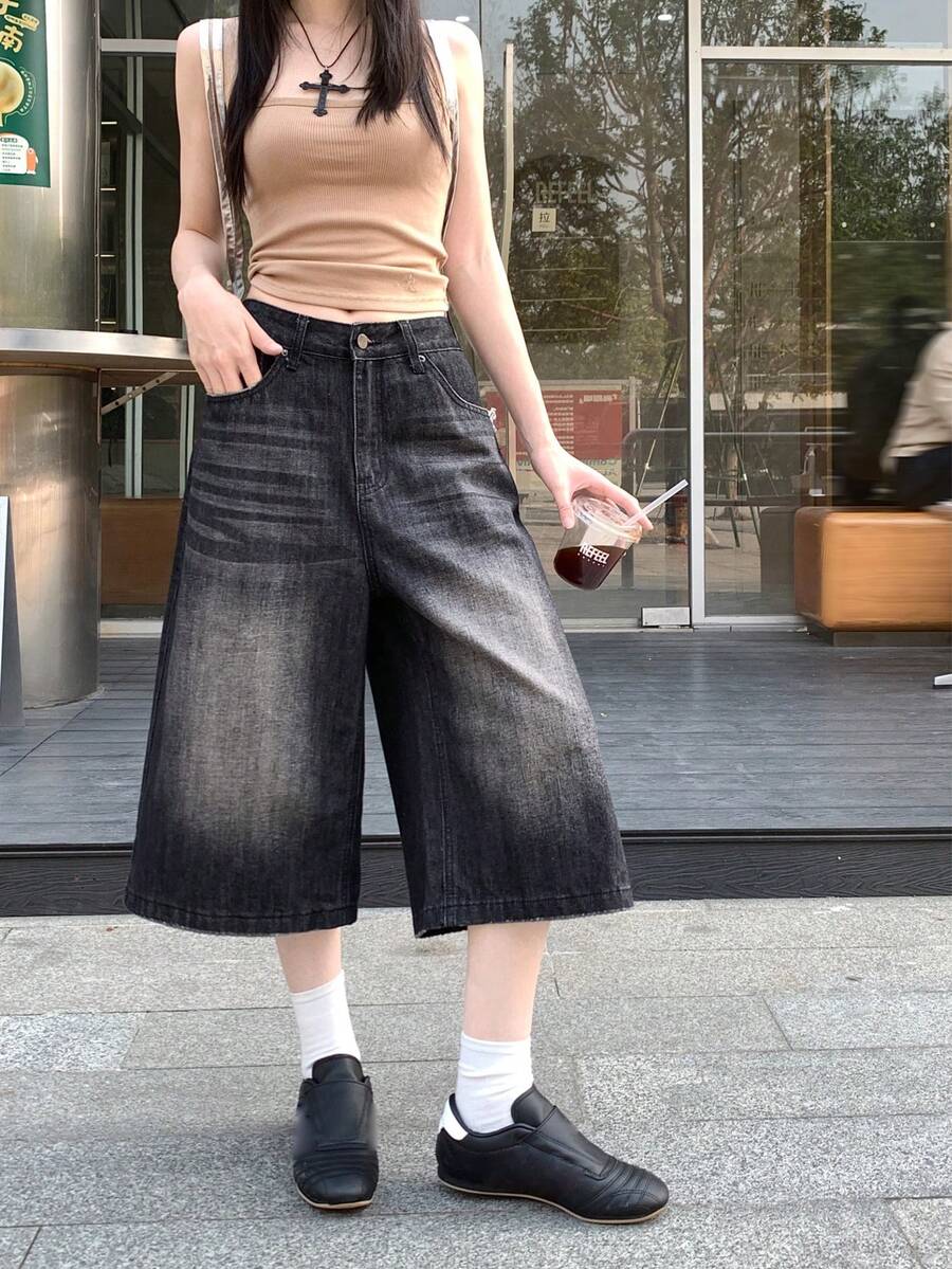 Casual Loose Retro Wide Leg Straight 7/8 Length Denim Shorts - Dark Grey - View 1