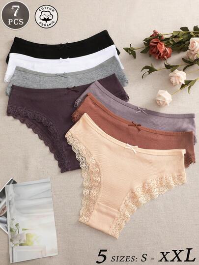 Set de 7 piezas de bragas de mujer de algodón de unicolor con encaje, parche y espalda cruzada, transpirable y sexy, adecuado para el Día de San Valentín, uso diario, todas las estaciones, variedad de colores