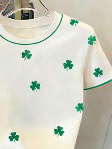 St. Patrick's Day Clover Print Casual Women's Round Neck Short Sleeve T-Shirt - White - View 3