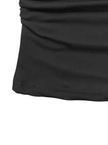 优雅不对称单肩镂空褶裥长袖上衣，适合派对和聚会，春夏新品，夏季衬衫，夏季服装 - 黑色 - 查看 7