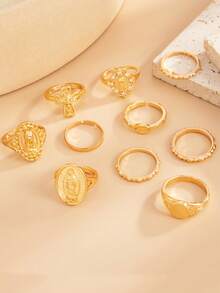 10pcs Exaggerated Rhinestone Crown & Cross Punk Fashion Finger Rings, Suitable For All Occasions, Great Gift Choice - Gold - View 5