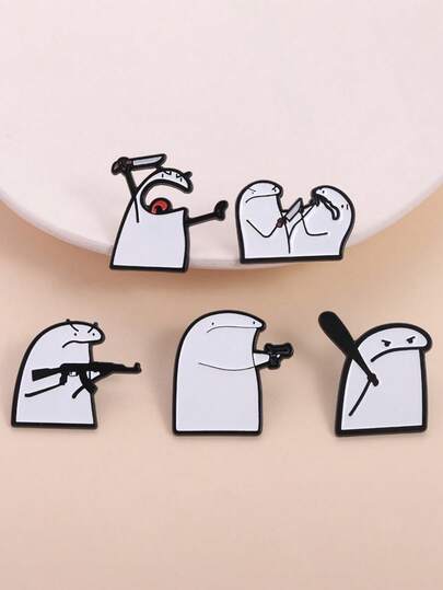 5pcs Minimalist Contrast Theme Enamel Pins Set, White Line Cute Cartoon With Prop Elements Design, Sarcastic Meme Style Brooch For Clothing, Backpack, Suitable For Subculture & Humor Expression