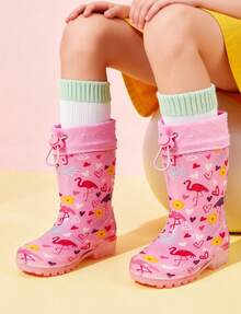 Girls Pink Flamingo Rain Boots With Drawstring, Waterproof Easy-On Boots For Outdoor Play - 粉色 - 查看 7