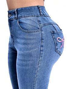 Y2K High-Waisted Slim Fit Jeans With Embroidered Bow & Metal Decor Details, Highlighting Feminine Charm, Versatile For All Seasons Casual - Medium Blue - View 9