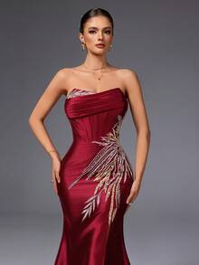 VIPGIRL Latest Design Handmade Two-Piece High Slit Burgundy Luxury Soft Elegant Evening Dress - Burgundy - View 8