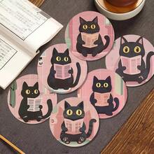 Black Cat Design Wooden Coasters For Home Dining Table - Non-Slip Decorative Drink Coasters, Suitable For Coffee And Tea Cups, For Home And Cafe Use, Holiday Gift For Friends, Suitable For All Seasons - Wooden Board-circle Coaster - View 1