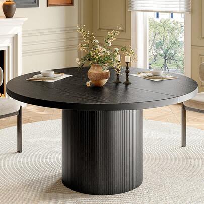 ONBRILL 47 Inch Round Dining Table For 4, Black Circle Fluted Kitchen Table With Wood Strip Base, Modern Farmhouse Dinner Tables For Kitchen, Living Room