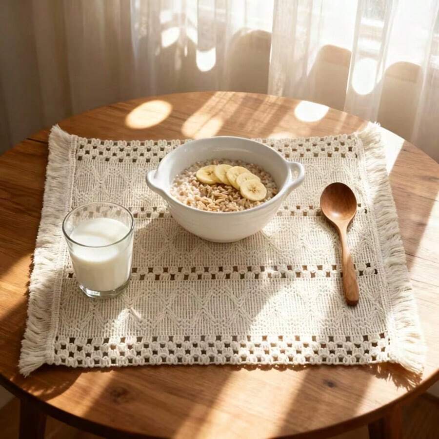 1pc/2pcs/6pcs Bohemian Style Woven Placemat, Simple Dining Mat With Tassel Edging, Food Plate Insulation Pad - Multicolor - View 1