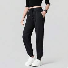 女士纯色休闲裤，带口袋，百搭款式，适合日常穿着、徒步、旅行、远足、跑步、骑行、慢跑等活动，黑色春季款 - 黑色 - 查看 8