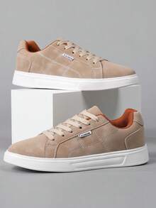 女士休闲时尚运动鞋，系带轻便厚底休闲平底鞋，百搭低帮运动鞋 - 卡其色 - 查看 4