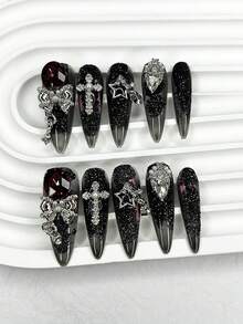 10片装奢华手工按压式美甲贴片，暗黑性感少女假指甲，蝴蝶结星形十字钻紫色尖头杏仁形美甲贴纸，美甲护理工具（1片果冻贴片+1个指甲锉）