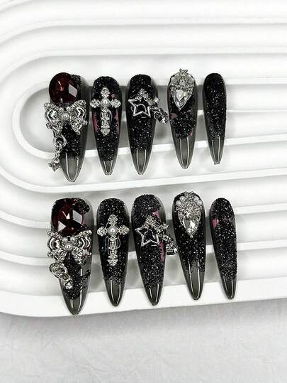 10片装奢华手工按压式美甲贴片，暗黑性感少女假指甲，蝴蝶结星形十字钻紫色尖头杏仁形美甲贴纸，美甲护理工具（1片果冻贴片+1个指甲锉）