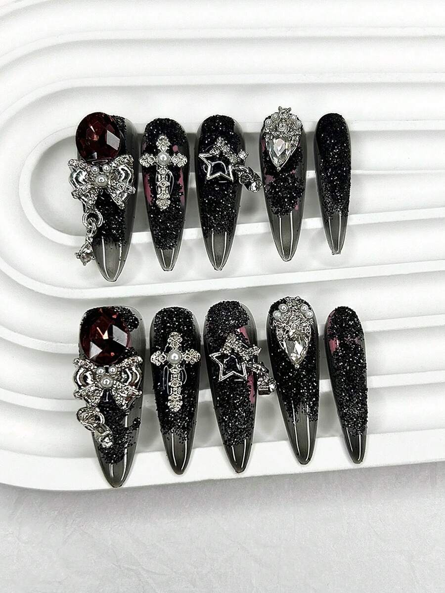 10片装奢华手工按压式美甲贴片，暗黑性感少女假指甲，蝴蝶结星形十字钻紫色尖头杏仁形美甲贴纸，美甲护理工具（1片果冻贴片+1个指甲锉）