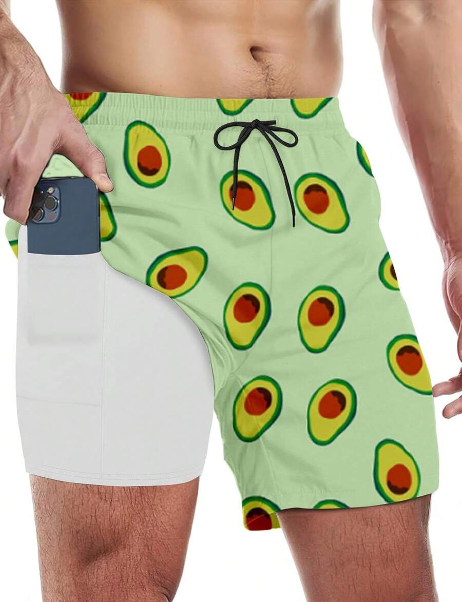 Mens Swim Trunks With Compression Liner 5 Inch Inseam Swim Shorts Quick Dry Mens Swimsuit Board Shorts With PocketsA Valentine's Day NIRT - Green Avocado - View 1