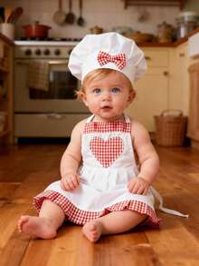 2pcs Red Plaid Baby Chef Outfit Set, Newborn Photography Prop, Includes Heart-Shaped Apron And Hat, Suitable For Studio Shooting - Multicolor - View 8