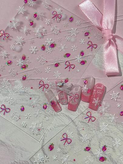 1pc New Year Nail Art Stickers, Snowflake & Strawberry 3D Embossed Designs, Fashionable Nail Decorations