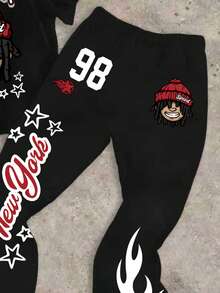 2pcs/Set Casual Classic Cartoon Character Print Round Neck T-Shirt And Flare Pants Outfit For Teenage Boys, Suitable For Spring/Summer - Black - View 2