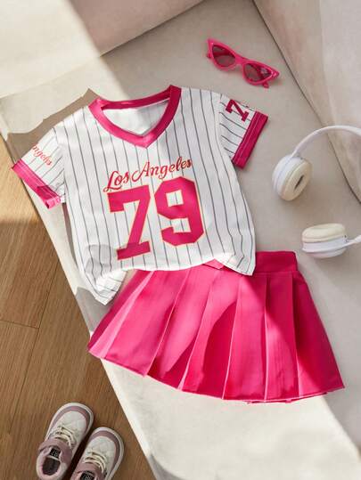 2pcs Baby Girls Casual Fashion Set, Including A Petite V-Neck Sporty Striped Print Top And A White Pleated Skirt, Suitable For Infant And Toddler Girls Everyday Wear In Summer