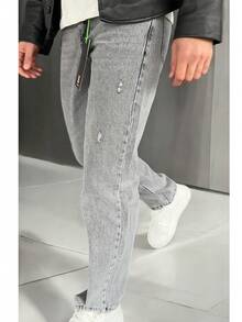 Men's Grey Ripped Detail New Season Baggy Pants - Dark Grey - View 2