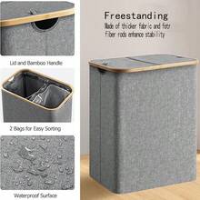 大容量带盖洗衣篮，带提手和可拆卸内袋，竹制提手，适用于宿舍、卧室、浴室收纳整理，可折叠，可作垃圾桶，经典款式，多组件设计，长方形，适合多种房间类型。