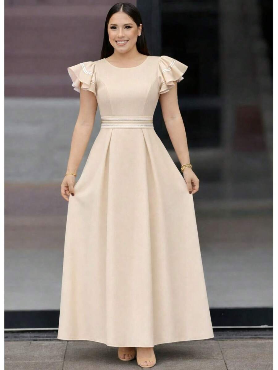 Elegant Midi Long Summer Dress For Women, Wedding/Party, Blue/Yellow Clothing For Women - Màu be - Xem 1