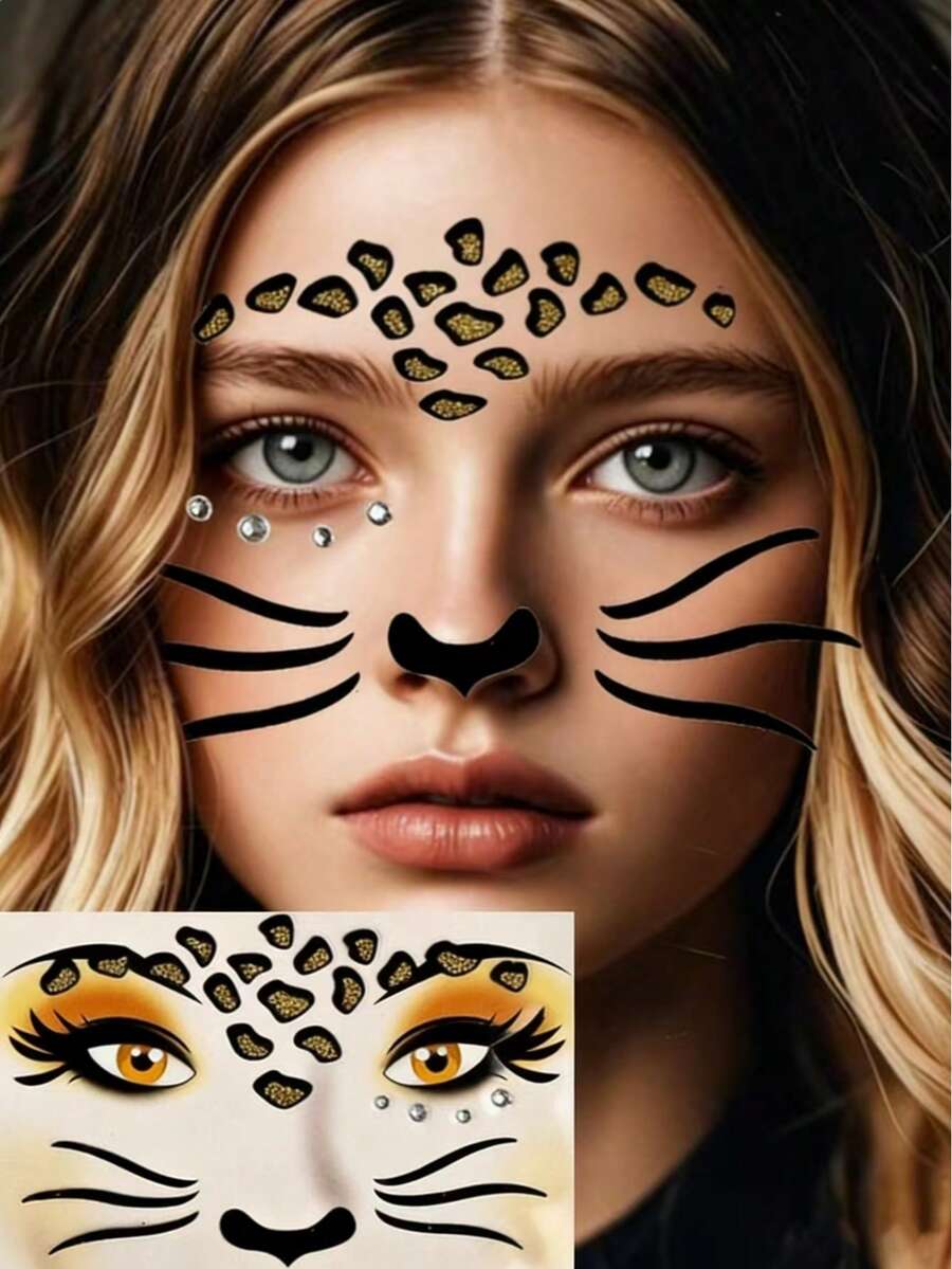 1pc Leopard Face Sticker, Glitter Waterproof Sticker, Gold Leopard Stage Makeup Face Sticker, Party Decoration, Photo Prop,Halloween - Many - View 1