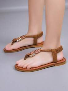 1双女童平底凉鞋，2026新款波西米亚风简约人字拖，速干沙滩凉鞋，适合日常和上学穿着 - 棕色 - 查看 6