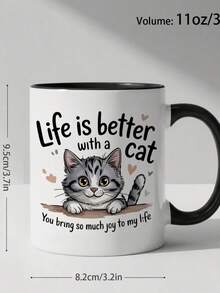 1pc 11oz Ceramic Cute Design Coffee Mug Coffee Cup With Gray Tabby Kitten And Floating Hearts Pattern Lovers Home Office Use Valentine'S Day Or Birthday , Novelty Coffee Cups, Coffee Cup With Lid, Mug Cup - Black 4 - View 1