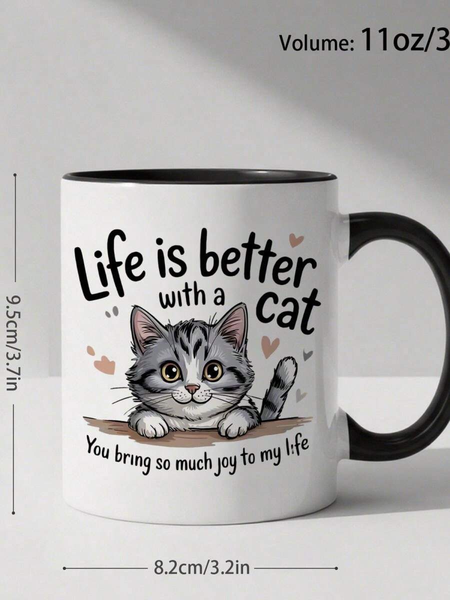 1pc 11oz Ceramic Cute Design Coffee Mug Coffee Cup With Gray Tabby Kitten And Floating Hearts Pattern Lovers Home Office Use Valentine'S Day Or Birthday , Novelty Coffee Cups, Coffee Cup With Lid, Mug Cup - Black 4 - View 1
